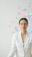 Professional woman in white blazer with closed eyes surrounded by floating holographic geometric shapes representing digital transformation and innovation.