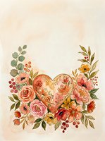 Watercolor floral heart arrangement with roses and botanical elements on textured beige background for romantic designs and wedding invitations.