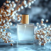 Elegant glass perfume bottle with golden cap surrounded by delicate white gypsophila flowers on blue textured background, luxury fragrance presentation.