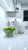 White fluffy cat with green eyes sitting beside glass bowl of fresh green apples in modern minimalist kitchen with white subway tiles and bright lighting.