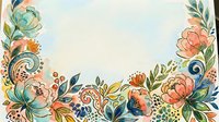 Ornamental floral border frame with hand-drawn botanical elements, peachy and teal flowers with decorative swirls, isolated on white background for design projects.