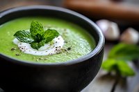 Green pea soup garnished with fresh mint leaves and cream swirl in black bowl, close up view with selective focus on creamy texture and herbs.
