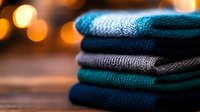 Stack of folded warm knitted sweaters and pullovers in blue and gray tones on wooden surface with blurred golden bokeh lights in background for autumn mood.