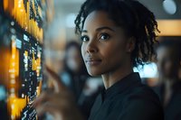 Young African American businesswoman with natural hair looking thoughtfully ahead while standing in modern office space with glowing digital displays.