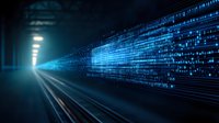 Digital data stream flowing through glowing blue tunnel with binary code elements and light effects, representing cyber security and information technology.