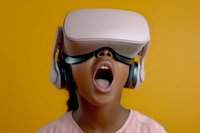 Young African American woman wearing virtual reality headset and headphones expressing excitement and wonder against yellow background.