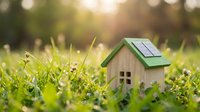 Small wooden house model with green roof and solar panel sitting in lush grass field with warm sunlight and bokeh background for eco-friendly concepts.