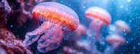 Luminescent jellyfish floating in deep blue ocean waters with glowing pink and purple hues, creating mystical underwater atmosphere among coral formations.