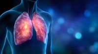 Glowing red human lungs in transparent blue body silhouette on dark background with bokeh lights, medical visualization of respiratory system anatomy.