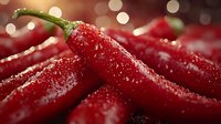 Fresh red chili peppers with water drops and bokeh light effect in background, macro food photography showing texture and natural moisture.