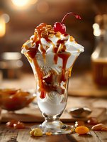 Decadent ice cream sundae with whipped cream, caramel sauce and cherry in glass cup on wooden table with warm bokeh lighting for dessert menu.