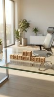 Be prepared wooden blocks on glass table in modern office with natural light, plants and chair for business motivation and readiness concept.