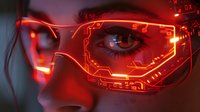 Futuristic cyberpunk character wearing glowing neon red tech glasses with circuit patterns, ideal for sci-fi gaming and digital art projects.