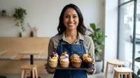 Young South Asian female baker wearing denim apron holding tray of decorated cupcakes in bright modern kitchen with plants and natural light for bakery, small business, food service.