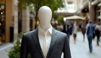 Faceless mannequin in gray business suit and white shirt displayed in shopping mall with blurred people walking in background, modern retail concept.