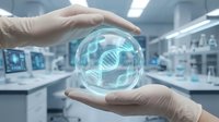 Scientist in white gloves holding glowing DNA helix sphere in modern laboratory setting, representing genetic research, biotechnology innovation, and scientific discovery.