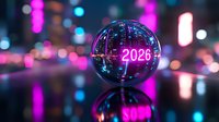 Glowing neon number 2026 reflected in glass sphere against blurred city lights background with pink and blue bokeh effects creating futuristic urban atmosphere.