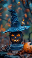 Glowing carved pumpkin lantern wearing sparkly witch hat with autumn leaves and decorative spider in moody dark setting, orange bokeh lights create magical atmosphere.