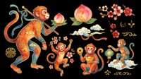 Monkey family with lotus flowers and decorative elements isolated on transparent background, ready for t-shirt design, clipart, stickers, sublimation and print-on-demand projects.