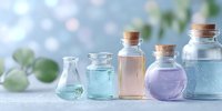 Glass bottles with colorful liquids for aromatherapy, essential oils, perfume, cosmetics, spa treatments, natural skincare products, wellness therapy.