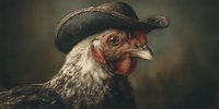 Stylish rooster wearing vintage hat portrait with dramatic lighting and rustic charm for farmhouse decor and country lifestyle concepts.