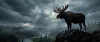 Majestic moose standing on rocky cliff overlooking misty valley under dramatic stormy sky in wilderness landscape for nature and wildlife concepts.