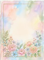 Soft watercolor floral frame with pastel pink, blue, and green blooms on a dreamy gradient background, perfect for invitations and cards.