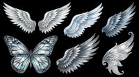 Angel wings and butterfly clipart set, isolated on transparent background. Detailed feathered wings and ornate designs ready for stickers, t-shirt design, and print on demand.