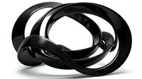 Abstract black metallic rings intertwined in dynamic sculptural composition on white background for modern design projects.
