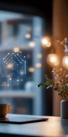 Smart home technology concept with digital house icon and circuit pattern overlay on cozy desk setup with warm bokeh lights and minimal decor.