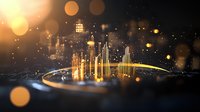 Futuristic golden city skyline with glowing skyscrapers emerging from digital surface, illuminated by bokeh light effects against dark background.