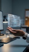Businessman holding holographic certified badge with circuit board pattern in modern office workspace, representing digital authentication and quality assurance.