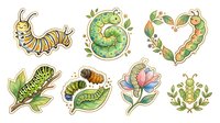 Caterpillar, chameleon, and heart-shaped vine illustrations with leaves and flowers. Isolated watercolor clipart for children's designs, educational materials, and nature-themed projects.