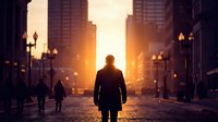 Man in dark coat standing alone on urban street at golden sunrise, surrounded by tall buildings and street lamps, with blurred pedestrians in background. Use for leadership, motivation, success, career advancement, business vision, urban lifestyle, and inspirational content.