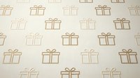Seamless gift box pattern with golden outline presents on cream background, perfect for wrapping paper, holiday decorations and festive designs.
