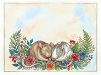 Two adorable sleeping kittens nestled together in watercolor floral wreath with roses and botanical elements on textured paper background.