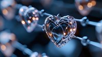 Delicate wire heart-shaped decoration with warm glowing lights on dark blue background creates romantic atmosphere for Valentine's day and weddings.