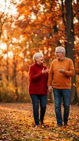 Happy senior Caucasian couple walking hand in hand through autumn park with falling leaves, wearing cozy sweaters during golden hour fall season.