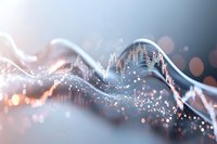 Abstract flowing wave of digital data with glowing particles and bokeh effect on soft gradient background for technology and innovation concepts.