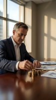 Middle-aged Caucasian businessman in a suit stacking gold coins on a desk with financial charts, symbolizing wealth management and investment planning.