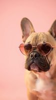 Stylish French bulldog wearing heart-shaped sunglasses on pink background for trendy pet fashion and social media content.