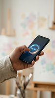 Hand holding smartphone with glowing Buy Now button on screen, mobile shopping and e-commerce concept in creative studio background.