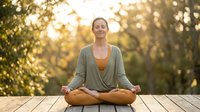 Peaceful woman meditating in lotus position on wooden deck during golden hour sunset, practicing mindfulness and yoga outdoors in serene natural setting.