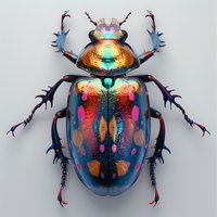 Iridescent metallic beetle with vibrant holographic colors featuring blue, gold, and pink spots on its shell. Perfect for nature-inspired design, entomology art, or modern decorative prints.
