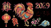 Colorful rooster with Chinese lantern, firecrackers, flowers, and 2029 zodiac symbols isolated on transparent background. Ready for t-shirts, stickers, clipart, sublimation, and print-on-demand designs.