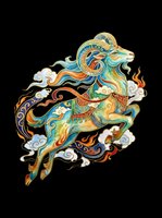 Ornate mythical ram with flowing mane and decorative saddle, featuring intricate gold, blue, and orange patterns with swirling clouds. Isolated on transparent background, ready for t-shirts, stickers, sublimation, and print-on-demand designs.
