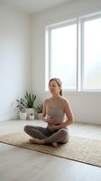 Young Caucasian woman practicing meditation in lotus pose on yoga mat in bright minimalist room with plants for mindfulness and wellness lifestyle.