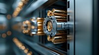 Macro view of industrial mechanical gears and cogs system in metallic copper and blue tones with selective focus and bokeh background. Suitable for engineering concepts.