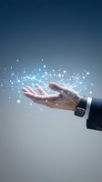 Businessman hand releasing glowing digital particles and light connections against blue background, representing technology innovation, data transfer, and digital transformation for business solutions.