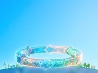 Circular sustainable city with renewable energy sources, green spaces, and modern infrastructure on blue gradient background, suitable for environmental, urban planning, and eco-friendly business presentations.